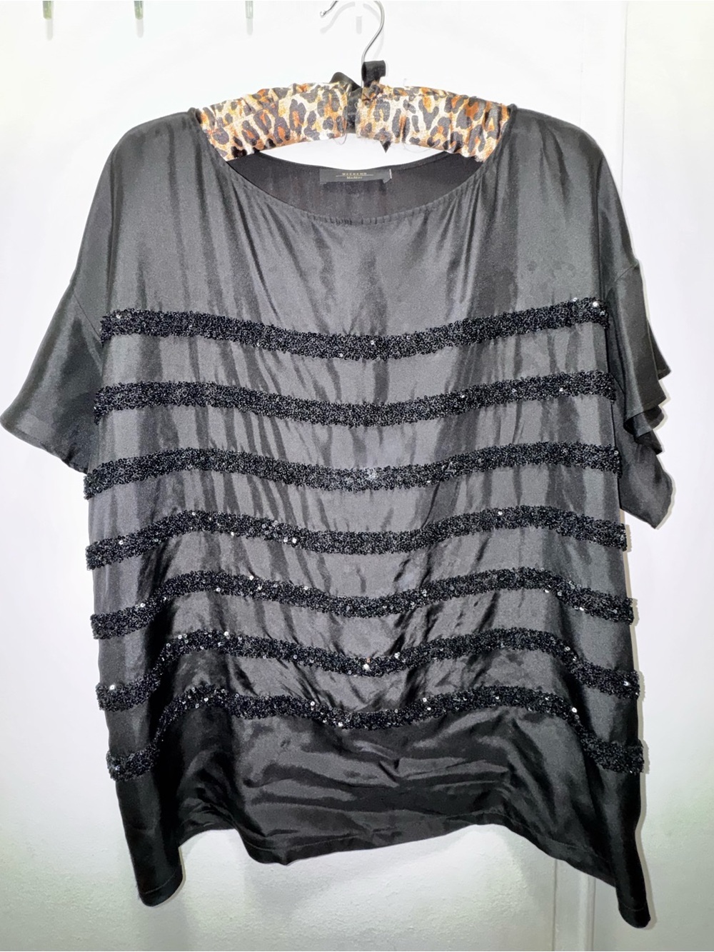 Weekend MaxMara Black Sequin Stripe Satin Top with ruffle sleeve XL